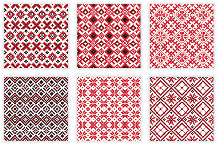 Slavic geometric ornament. Vector illustration of traditional folk embroidery seamless patterns set for your designのイラスト素材