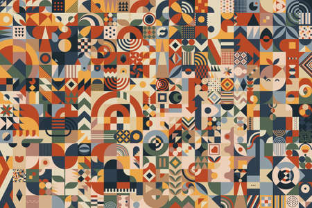 Abstract composition background made of blocks with a great variety of different simple geometric...