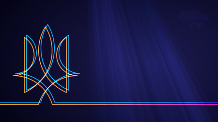 Tryzub background. Vector illustration of abstract glowing neon colored national symbol and dotted...