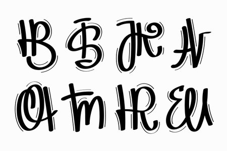 Two letter monograms set. Vector illustration of HB, IS, JK, AV, OA, TM, HR, EU hand drawn symbols isolated on white background for your designのイラスト素材