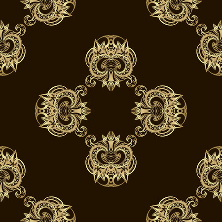 Vector royal pattern with animalic motifs and iridescence of gold on the dark brown backgroundのイラスト素材