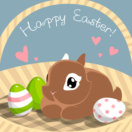 A cute vector card for Easter holiday with small bunny in the basketのイラスト素材