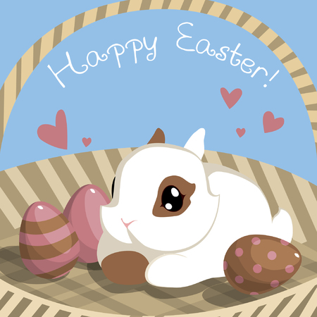 A cute vector card for Easter holiday with small bunny in the basketのイラスト素材