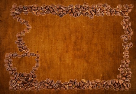 Coffee beans and cup pattern on blank grungy backgroundの写真素材