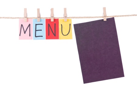 Menu, Colorful words hang on rope by wooden pegの写真素材