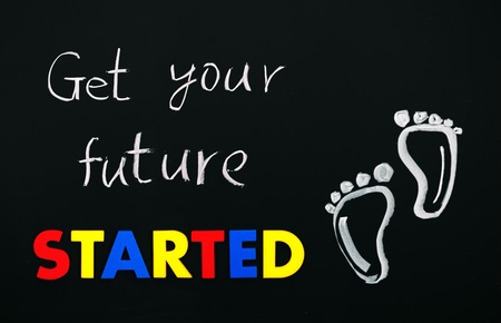 Get your future started with footprint. Colorful words on blackboardの写真素材
