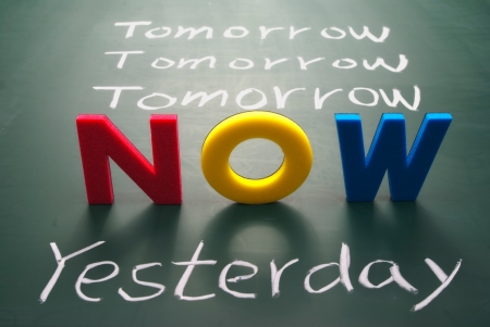 Now, yesterday, and tomorrow words on blackboard, Time concept. の写真素材