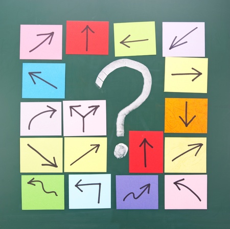 Question mark and colorful paper with different direction.
