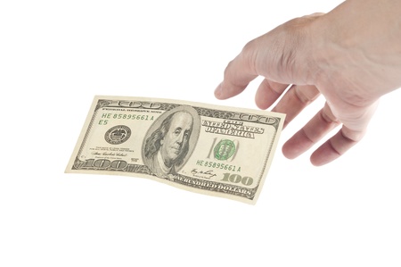 Human hand want to grab floating banknotes, isolated on white background.
