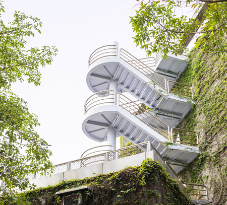 Low Angle View of Modern Winding Staircases on Vine Covered Exterior Walls of Buildingの写真素材
