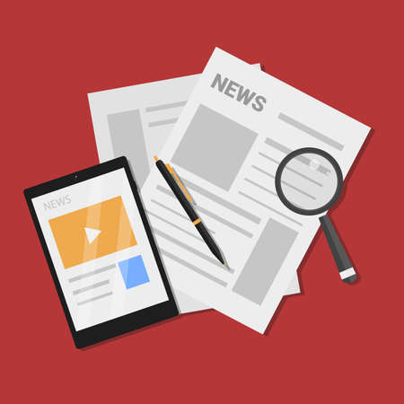 News Paper, Tablet, pen, and Magnifying glass stock illustrationのイラスト素材