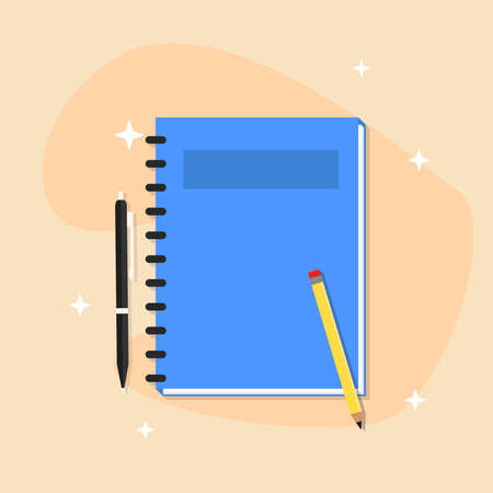Blue Notebook with Pen and Pencil Vector Illustrationのイラスト素材