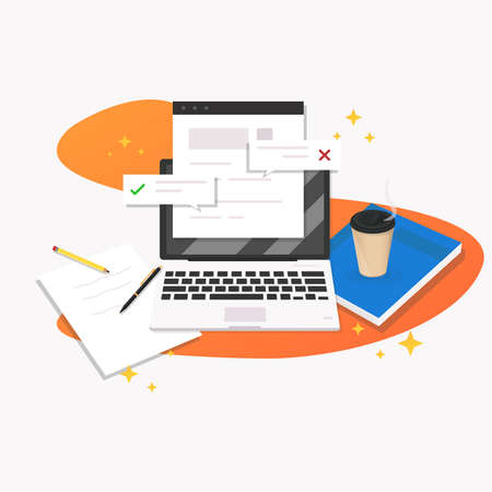 Workstation, Website, Laptop, Paper, Pen, Coffee Cup, Book Vector Illustrationのイラスト素材