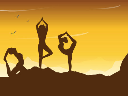 Group of women doing yoga in different poses on top of mountain for Yoga Day celebration. Beautiful poster or banner design.のイラスト素材