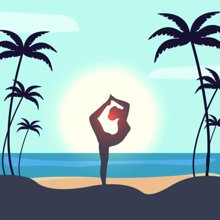 Beautiful poster or banner design with silhouette of woman in yoga pose on beach view background for International Yoga Day. Space for your text.のイラスト素材