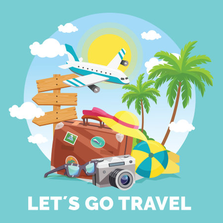 LetÃ¢â¬â¢s go travel banner. Flat illustration of letÃ¢â¬â¢s go travel vector banner for web designのイラスト素材