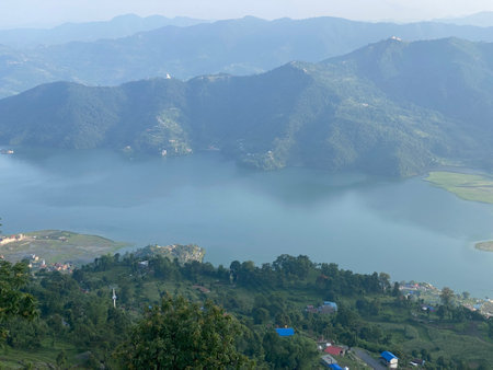 View of the mountain and lake from the top of the mountain.の写真素材