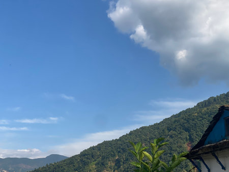Beautiful landscape of the mountains and blue sky with white clouds.の写真素材