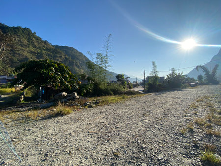 Rural road in the mountains of Nepal, Annapurna Circuit Trekの写真素材