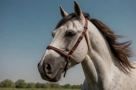 Portrait of a beautiful white horse on a background of blue sky