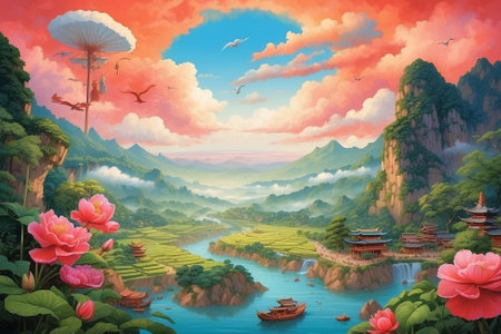 Beautiful landscape with mountains, lake and pagoda. Digital painting.の写真素材