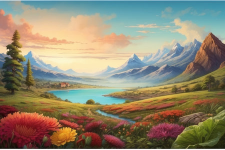 Beautiful landscape with mountains, lake and flowers. Digital painting.の写真素材