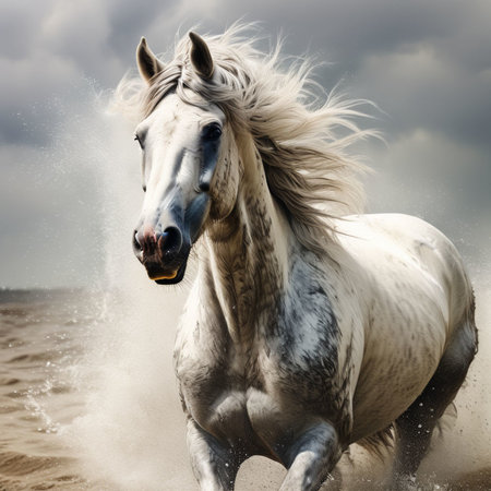 White horse running in the sand on a background of stormy skyの写真素材