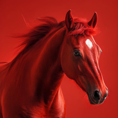 Portrait of a beautiful young stallion on a red background.の写真素材