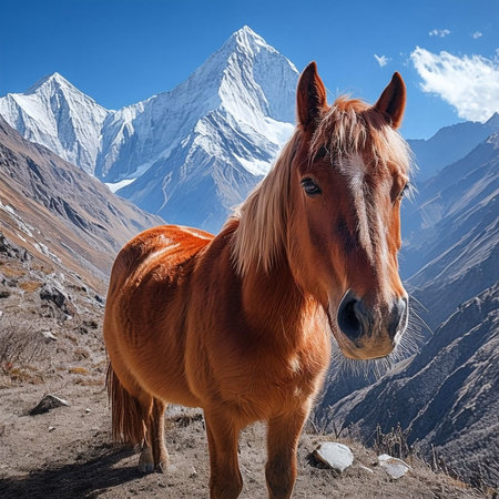Horse in the Himalayas, Annapurna Circuit, Nepalの写真素材
