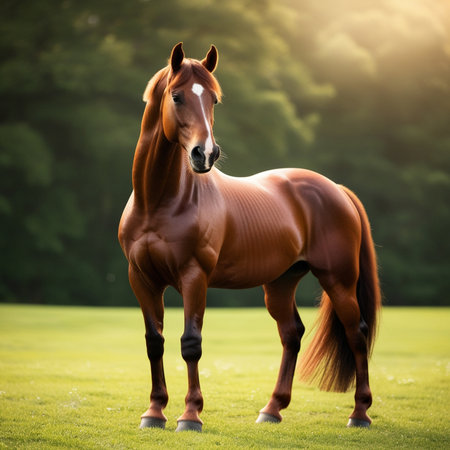Portrait of a beautiful bay horse standing on the green meadowの写真素材
