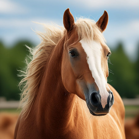 Portrait of a beautiful palomino stallion with long maneの写真素材