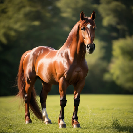 Beautiful chestnut stallion standing on green meadow in summerの写真素材