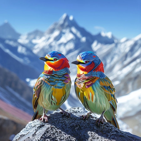 Beautiful multicolored birds on the rock against the background of mountainsの写真素材