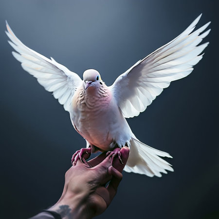 White dove in human hand on dark background. Love and peace concept.の写真素材