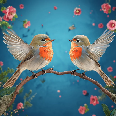 Two robin birds on a branch with flowers on a blue backgroundの写真素材