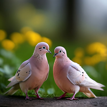 Pair of pigeons in the park on a background of yellow flowers
