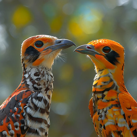 Closeup of a pair of orange and yellow birds in the natureの写真素材