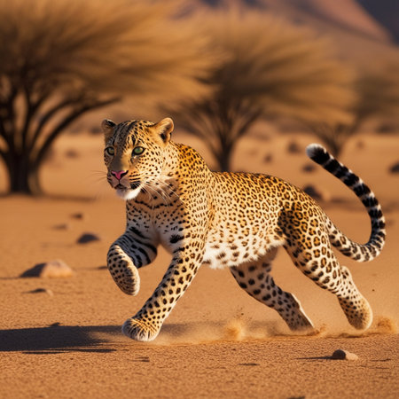 Leopard running in the Namib Desert, Namibia, Africaの写真素材
