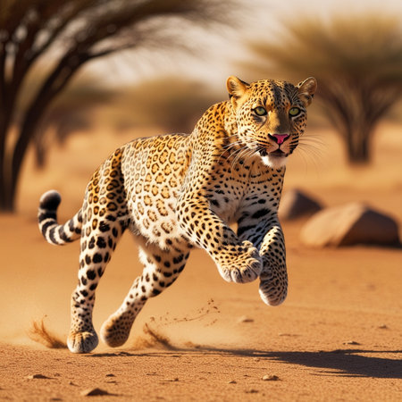 Leopard running in the desert of Namib Naukluft National Park in Namibiaの写真素材