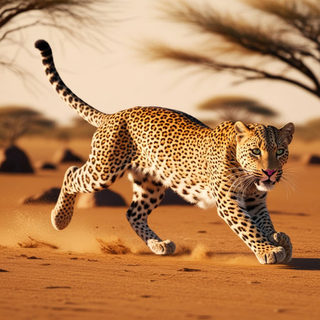 Leopard running in the sand in the Namib Desert, Namibiaの写真素材