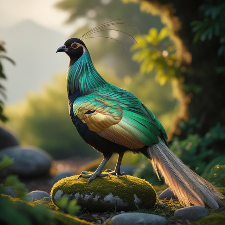 Beautiful bird standing on rock in the garden with sunlight.の写真素材