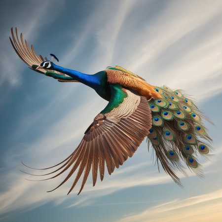 Beautiful peacock flying in the blue sky,3D renderingの写真素材