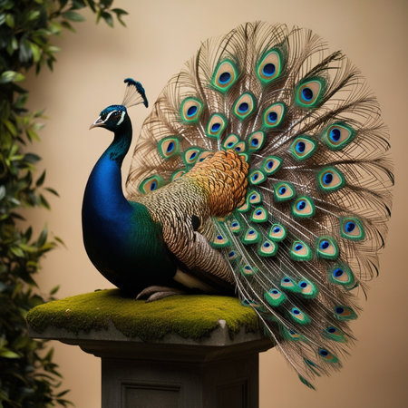 Peacock with colorful feathers on a pedestal in the gardenの写真素材