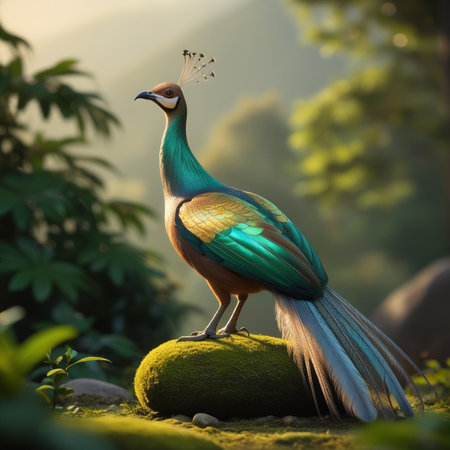 Beautiful peacock standing on rock in the garden,3d renderの写真素材