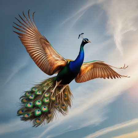 Beautiful peacock flying in the blue sky. 3d renderingの写真素材