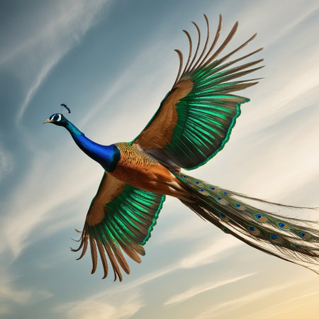 Beautiful peacock flying in the sky at sunset,3d renderの写真素材