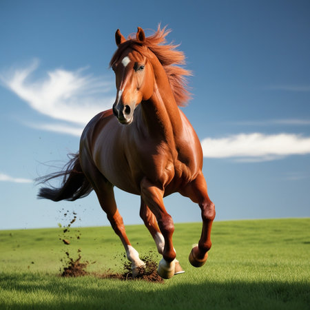 Beautiful bay horse running on green meadow with blue sky backgroundの写真素材