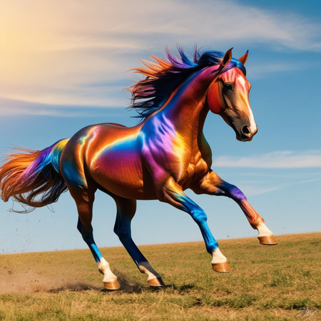 Horse run gallop in meadow at sunset. Colorful horseの写真素材