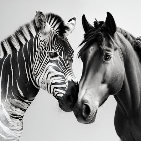 Black and white portrait of two zebras, black and white photo