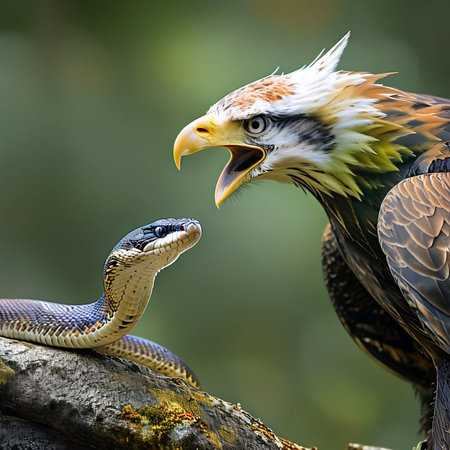 Bald Eagle and a snake are mating on a tree branch.の写真素材